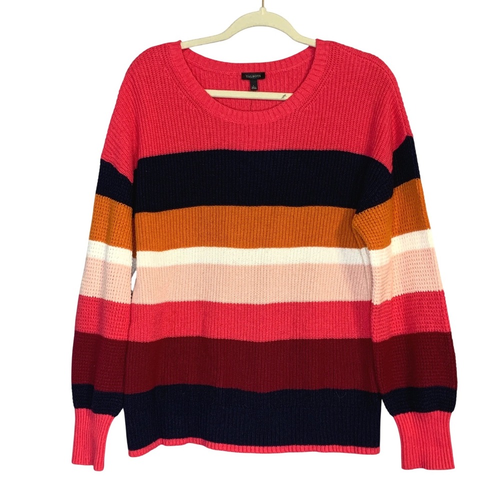 Talbots Women Striped Crew Neck Sweater Coral‎ Navy Orange Pink Size L